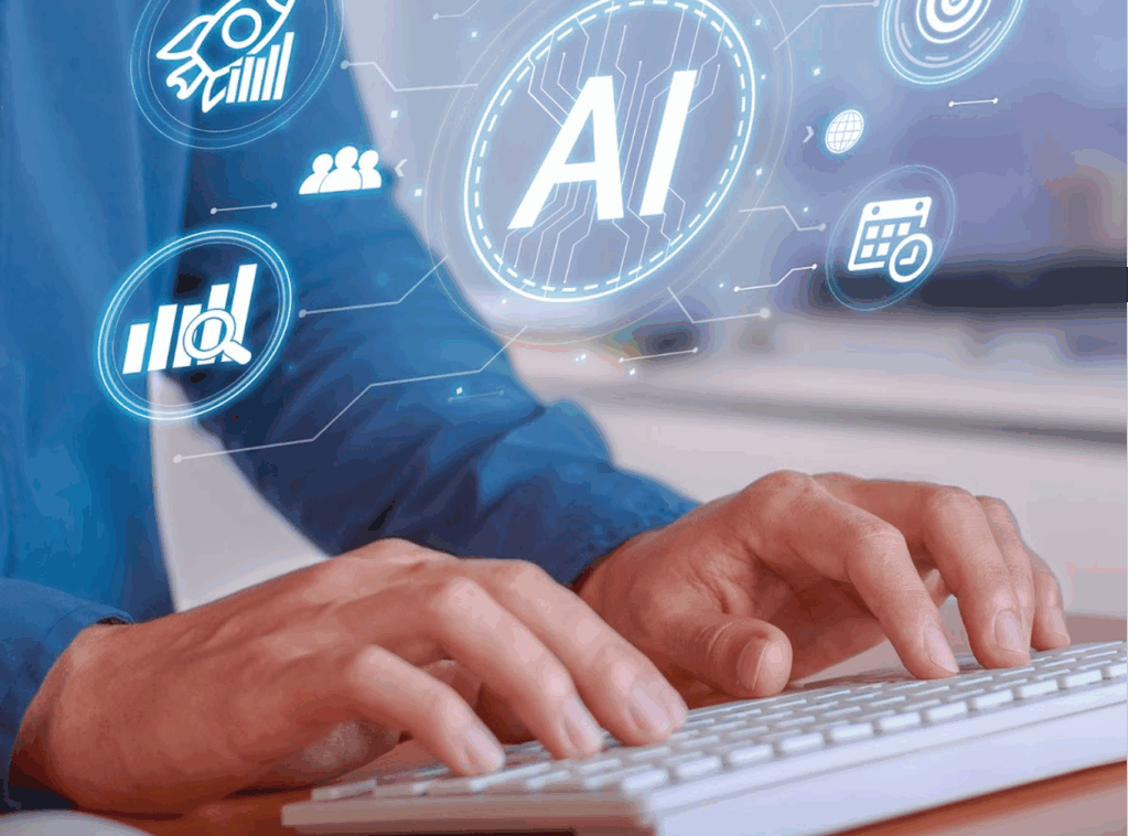A imagem mostra um homem branco usando uma camisa social azul de manga longa teclando em um teclado branco. O fundo está borrado. Acima do teclado se há um telegrama com o símbolo de IA e alguns outros símbolos que complementam.